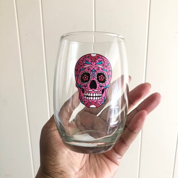 Cristar Pink Sugar Skull Stemless Wine Glasses Set of 2 Day of The Dead - Picture 4 of 4